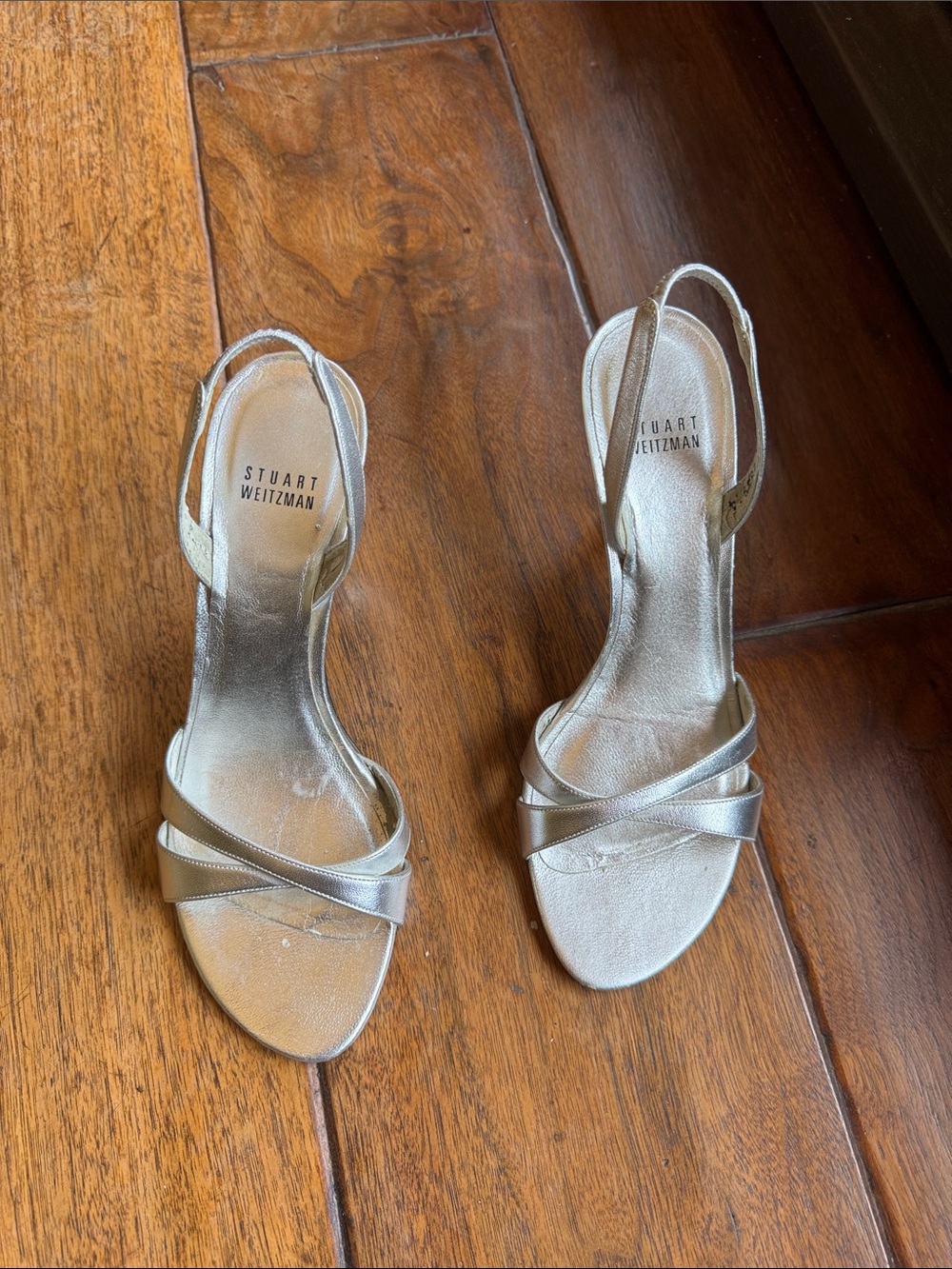 Stuart Weitzman Metallic Silver Strappy Slingback Heels